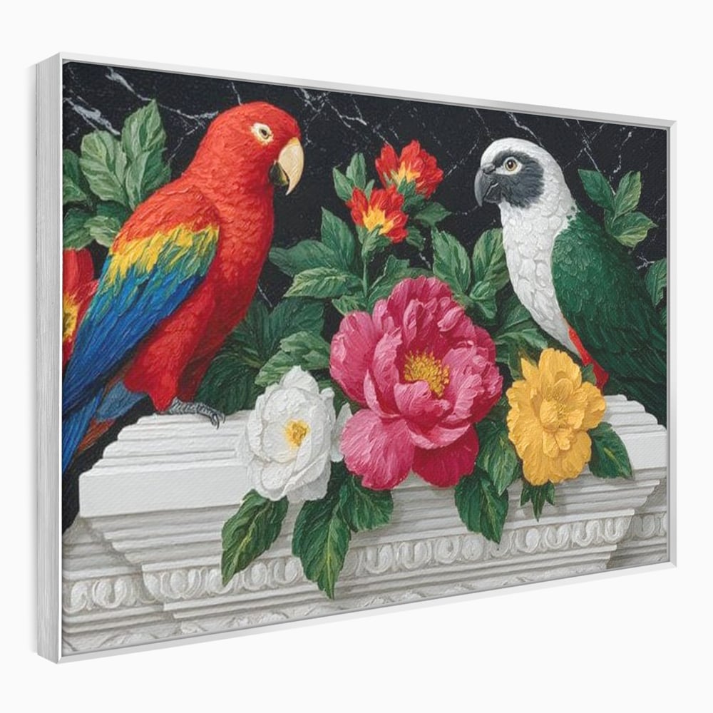 Tablou canvas cu pictura cu papagali si flori, in rama de aluminiu argintiu